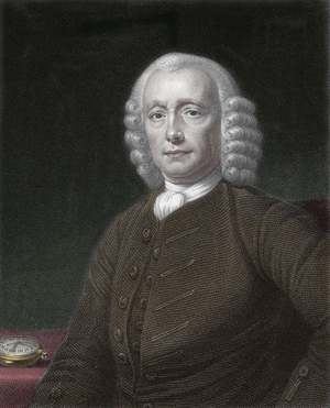 Portrait of John Harrison (1693-1776), with his H4 chromometer, self-taught English watchmaker of the 18th century.
