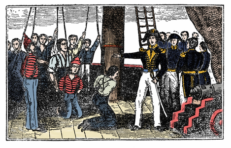 Hanging pirates aboard a ship. Engraving of “The pirate own book” 1837 (engraving)