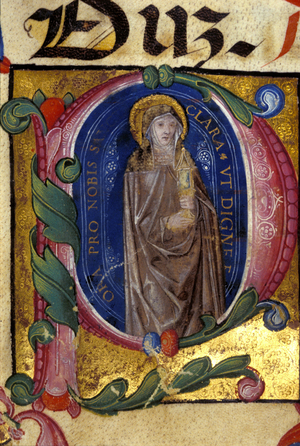 St. Claire. Founder of the Order of the Clares (see Assisi, 1193 to id., 1253). 15th century manuscript Biblioteca nazionale Braidense.