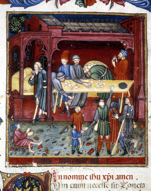 Distribution of bread and shoes to old and poor. 1422.