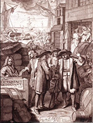 Port merchants talking to each other. 19th century engraving.