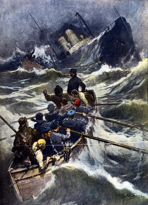 Shipwreck near Piombino in Italy. ""La Domenica del Corriere"", illustration by Beltrame. 1910