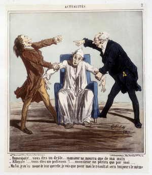 Cartoon on allopathy and homeopathy by Cham, 1863.