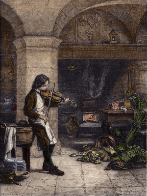 Jean Baptiste Lully (Giovanni Battista Lulli) (1632-1687), French composer, then “” galopin”” or marmiton by Mademoiselle de Montpensier. Engraving by T. Meyer-Heine (Meyer Heine) from a drawing by Hippolyte de La Charlerie (1827-1867).