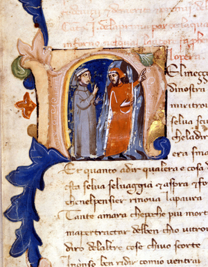 Dante and Virgil at the entrance of Hell. (lettrine “” N””) Incipit of Hell of a Divina Commedia (Divine Comedy) of the 14th century Milan, biblioteca trivulziana. (Nel mezzo del cammin di nostra vita...)
