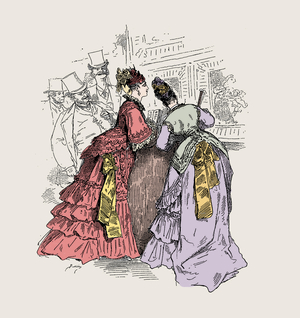 Woman in a museum: “” When I tell you that it is a dress from Worth, I recognize the touch”” (Charles Frederick Worth 1825-1895) - illustration by Charles Albert d'Arnoux appeared in “The comedy of our time: studies in pencil and pen. Children, young, walls, old” by Bertall (1820-1882) Digital colouring.
