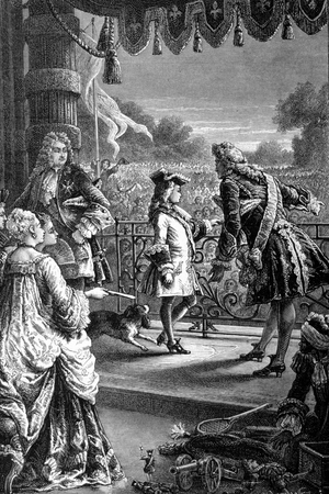 A courtisan shows young Louis XV (1710 - 1774), the crowd in joy and tells him One day all this will be yours. Engraving of the 19th century.