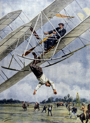 The dramas of the air: Orville Wright and the American lieutenant Selfridge hurtle with their plane from an altitude of thirty metres. Illustration by Beltrame. La Domenica del Corriere. 1908.