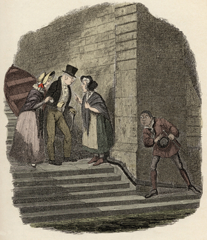 Noe Claypole spying on the secret appointment between Mr. Brownlow, Rose Maylie and Nancy - The meeting - Illustration for “” Oliver Twist”” (Olivier) (The Adventures of Oliver Twist) by Charles Dickens (1812-1870), by George Cruikshank (1792-1878) .