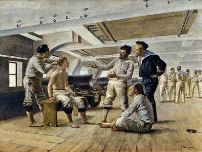 Life aboard a French warship: the ship barber shaves the sailors, c.1800