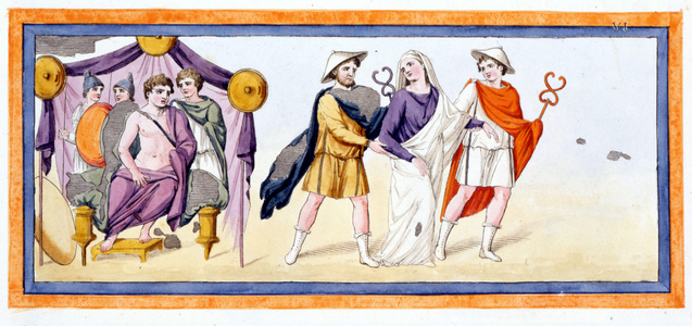 Talthybios and Eurybates take the virgin Briseis before Achilles, who stands in the tent of the Myrmidones. Iliad Chant I, v 345. Engraving from the end of the 18th century.