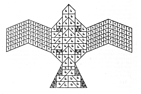 Geometry of the Sulbasutras: plan of the fire altar in the shape of a falcon. Mathematical schema referring to the rules of construction of sacrificial altars dating from the Vedic period of India (1500-500 BC). Journal of the Asiatic Society of Bengal by G.Thibaut 1875
