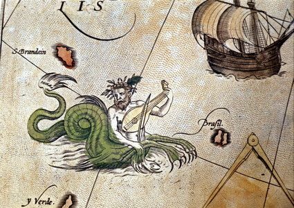 Triton playing lute near the island of Saint Brendan (Brandan). “Theatrum Orbis Terrarum” by Abrahm Ortelius, Antwerp 1584.