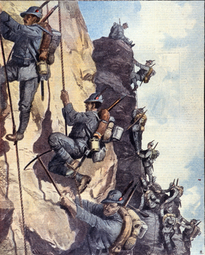 First World War: “” Italian alpine hunters (alpino or alpini) climbing a wall in the Italian Alps, 1915”” Illustration from “La domenica del corriere””