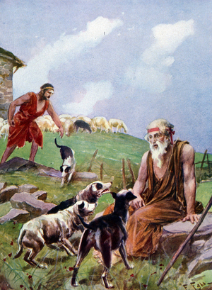 Illustration by F. Fabbri for Homer's Odyssee. Italian edition of 1939. Episode of song XIV relating the arrival of Ulysses at Eumee.