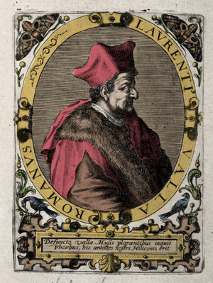 Portrait of Laurentius Valla de Lorenzo della Vale, (Laurent Valla) (1407-1457), humanist, philosopher. Engraving from the end of the 16th century.