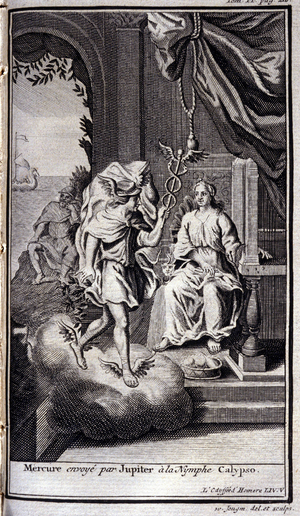 Mercury sent by Jupiter to the nymph Calypso. Illustration for book V of the Odyssee of Homere, in the Odyssee, published in Amsterdam in 1731, Collection privee Milan.