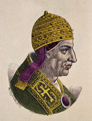 Portrait of the Pope Nicolas Ier le Grand (Nicola I, Nicholas or Nicolo or Niccolo or Nicolaus) (858-867), 1898 (engraving with later colouration)