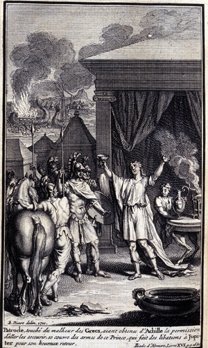 Patroclus, touches the misfortune of the Greeks, having obtained permission from Achilles to go and rescue them, covers himself with the weapons of this prince, who makes libations to Jupiter for his happy return. Illustration of book XVI of the Iliad of Homere, French edition, 1751.