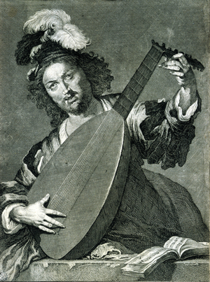 Representation of a lute player tuning his instrument.