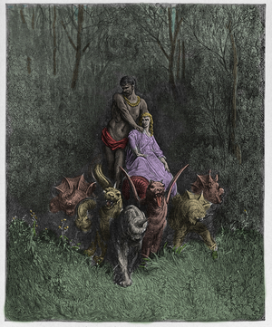 Purgatorio, Canto 32 : The giant and the harlot in the chariot, illustration from 'The Divine Comedy' by Dante Alighieri, 1885  (digitally coloured engraving)