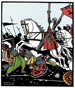 Battle Scene Illustration of “” Le Cid”” poem by Guillen de Castro (1569-1631) (1618) who inspired the piece of the same name by Pierre Corneille, by Carlo Nicco (1883-1973)