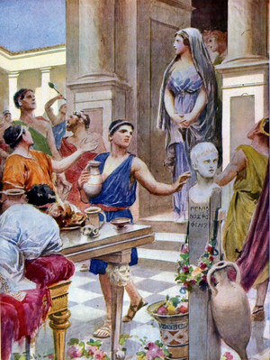 Illustration by F. Fabbri for Homer's Odyssee. Italian edition of 1939. Episode of song XVI relating the anxiety of Penelope who is waiting for her son Telemaque.