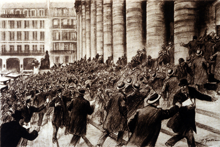Panic at the Paris Stock Exchange following the news of the Wall Street Stock Crash in 1929.