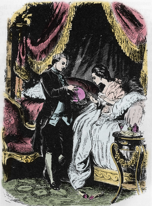 The queen's liquor inspires the necklace case. Drawing by Felix Philippoteaux (1815-1884) for Alexandre Dumas's “The Queen's Necklace”.