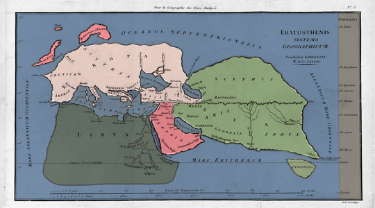 19th-century reconstruction of Eratosthenes' map of the known world, c 194 BC - The map of Eratosthene (275 BC - 195 BC) mathematician, astronomer geographer and Greek poet.