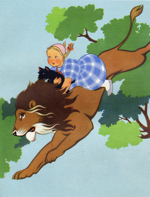 Dorothy is taken on the lion's back without courage (illustration)