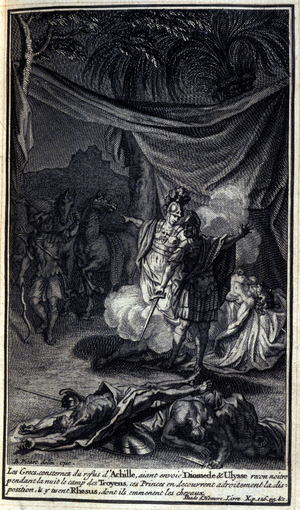 The Greeks, dismayed at Achilles's refusal, sent Diomede and Ulysses to recognize the Trojan camp during the night. These princes skillfully discovered the arrangement, they killed Rhesos and took the horses. Illustration of book X of the Iliad of Homere, French edition, 1751.