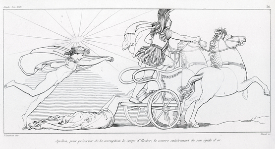 Apollo, god of the Sun, to preserve Hector's body covers him entirely with his golden aegis. Singing XXIV. Drawing by John Flaxman (1755 - 1826). Homer's Iliad.