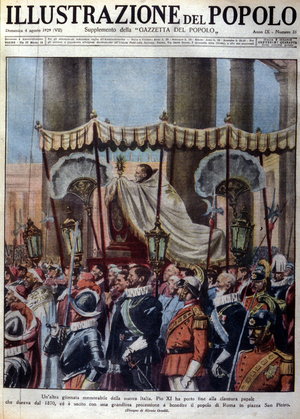 Le pape Pie XI a mis fin à l'interdiction papale de sortir qui durait depuis 1870 et, accompagné d'une procession grandiose, a circulé dans les rues de Rome en benissant la foule. Illustrazione del popolo. 1929.