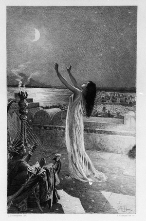 Salammbo, daughter of Hamilcar Barca (or Barcas), prays Tanit, goddess of the moon Illustration of Georges Antoine Rochegrosse (1859-1938) for the novel “Salammbo” by Gustave Flaubert, taking as a framework the mercenary war at the time of the First Punic War (246-241 BC) between the Romans and Carthaginians.