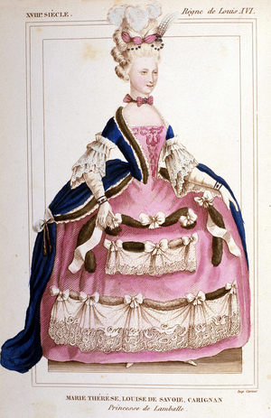 Marie Therese of Savoie Carignan (1749-1792), Princess of Lamballe in a basket dress. Engraving from 1830.