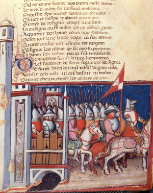 Gesture song: an army of men on horseback leaving a castle. Miniature from the French-Italian manuscript “Entree d'Espagne””, Venice school 14th century. Biblioteca Marciana, Venice