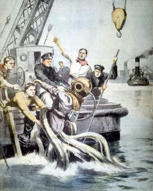 The diver ""Lédu"" who was working in the Port of Toulon to recover the rest of the ""Liberté"" armour is attacked by an octopus. 1912.
