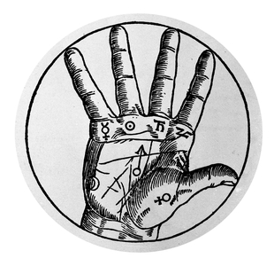 Chiromancy and divinatory prediction: representation of the different lines of the hand allowing the interpretation of the personalite. Engraving of the 17th century