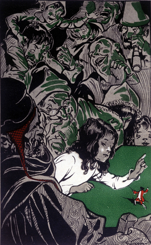 Jonathan Swift's Gulliver trips. Gulliver exhibited on a table to the admiration of the giant inhabitants of Brobdingnag.