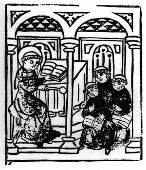 The legend of Saint Brendan (Brandan), heros and Irish saint of the 6th century. The saint makes the story of the wonders of the sea to his confreres of the monastery. Engraving of “” Die Wunderbare Meerfahrt des Hl. Brandan.” Bale, 19/2/1491