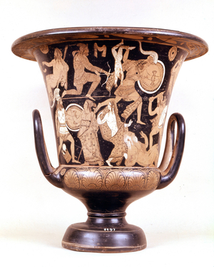 Crater representing the destruction of Troy. On the top right, Neoptolemus launches Astyanax, Hector's son, against Priam, naked. At the bottom left, Venus is between Menelas, king of Sparta and his wife Helen. Villa Giulia in Rome.