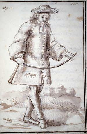 Rhabdomancia: treatise entitled “” the occult physics or treatise of the divine wand and its uses for the discovery of water sources, mines...”” by the Abbot of Vallemont: different ways of using the wand of the seeker. Manuscript from the 18th century. Biblioteca Militare. Milan