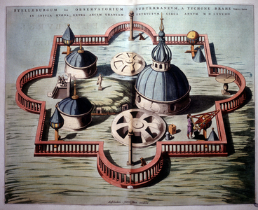 Tycho Brahe's “Sternburg” observatory on the Danish island Hven in the Sund (1584) - based on a copper engraving of the time. “Novus Atlas”, 1643.