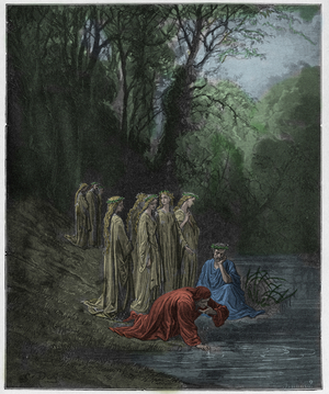 Purgatorio, Canto 33 : Dante drinks of the River Eunoe, illustration from 'The Divine Comedy' by Dante Alighieri, 1885  (digitally coloured engraving)