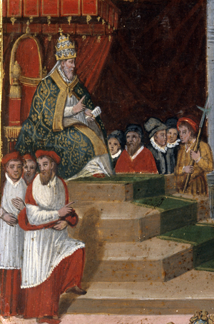 Gregoire XIII (Ugo Boncompagni, 1502-1585), pope from 1572 to 1585, promulgating the new calendar (1582) Tablet of Biccherna (1582-1583) Siena State archives. gregorian calendar. Panel on wood. Biccherna. Archivio di Stato (National Archive), Siena.