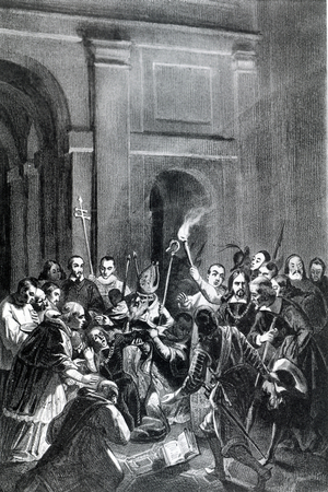 Representation of an exorcism scene. 19th century illustration.