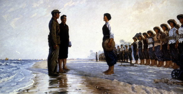 Mao reviews a women's defense group, 1935