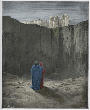 Purgatorio, Canto 3 : The company of souls upon the cliff, illustration from 'The Divine Comedy' by Dante Alighieri, 1885  (digitally coloured engraving)