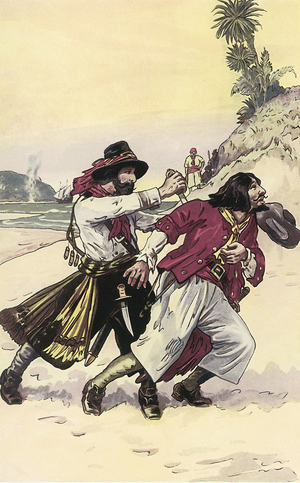 Duel between an English pirate and a French Illustration by George Albert Williams (1875-1912) in “” The Pirates of Panama, or the Buccaneers of America””” 1914